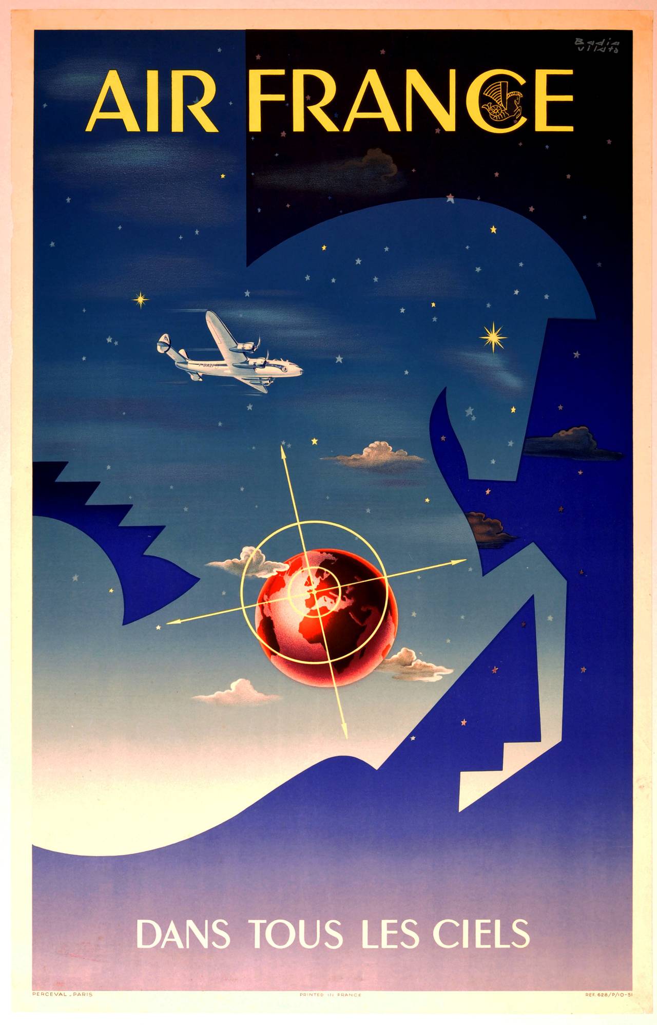 Art deco Air France poster, plane flying over a red globe.
