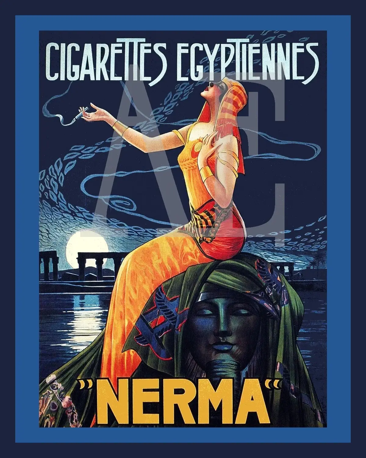 Art Deco style poster. A woman in an orange dress sitting on a turbaned sphinx. 