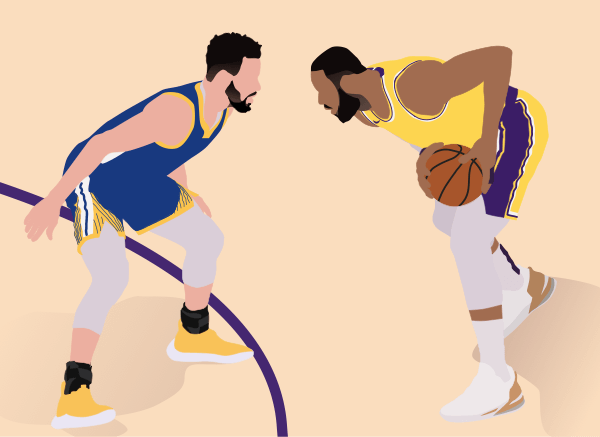Illustration of LeBron and Curry playful basketball