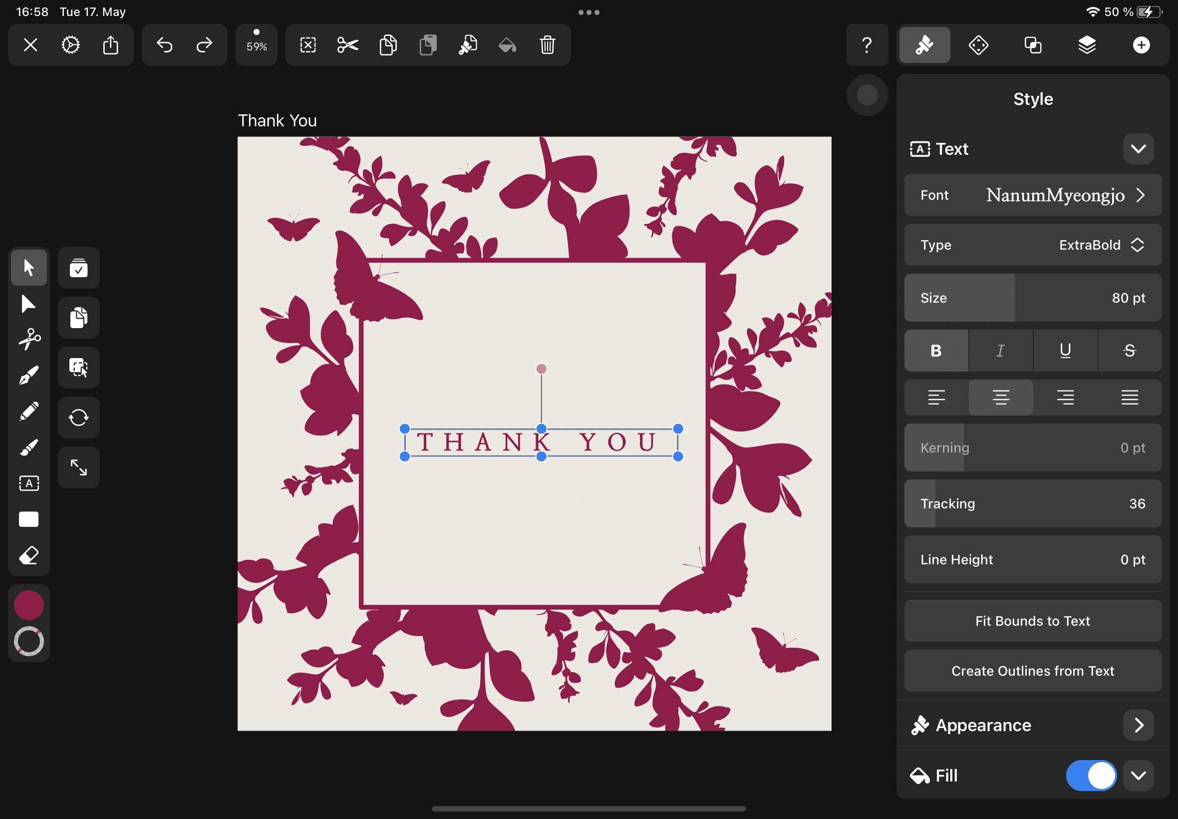 Graphic design interface with dark pink flower and butterfly images