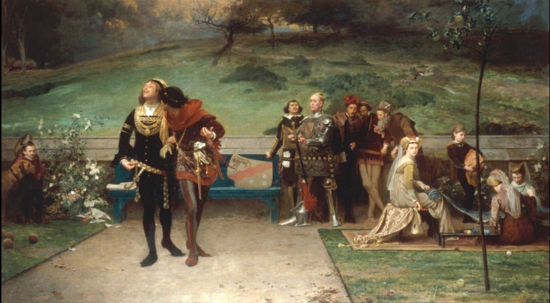 Two men flirting in front of a royal court. 