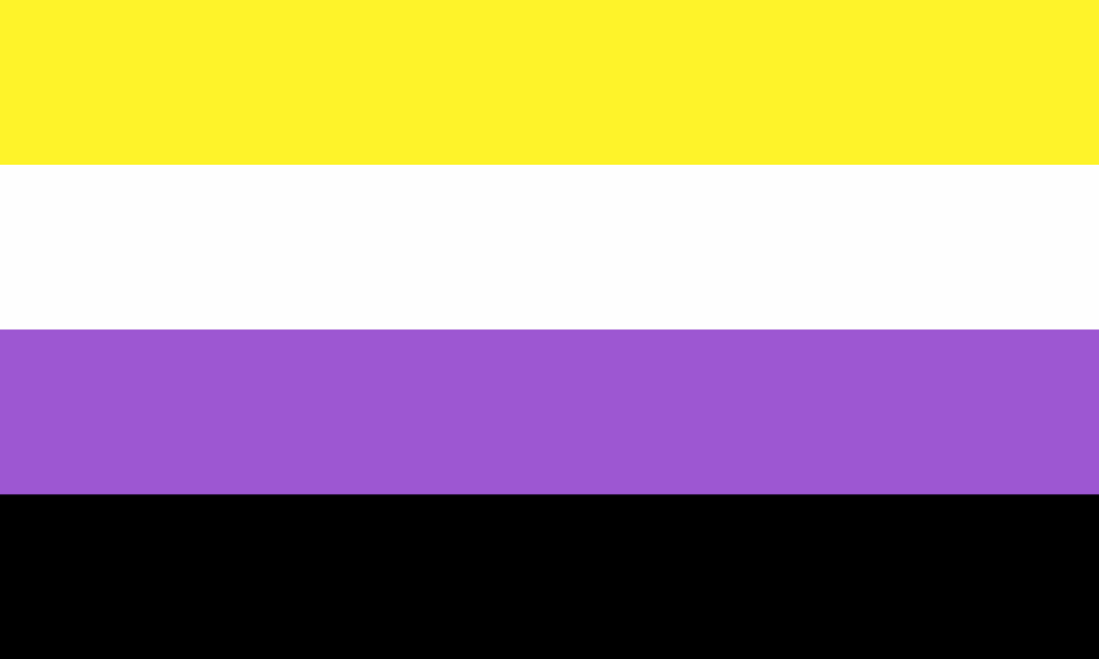 Four horizontal stripes in yellow, white, purple and black. 