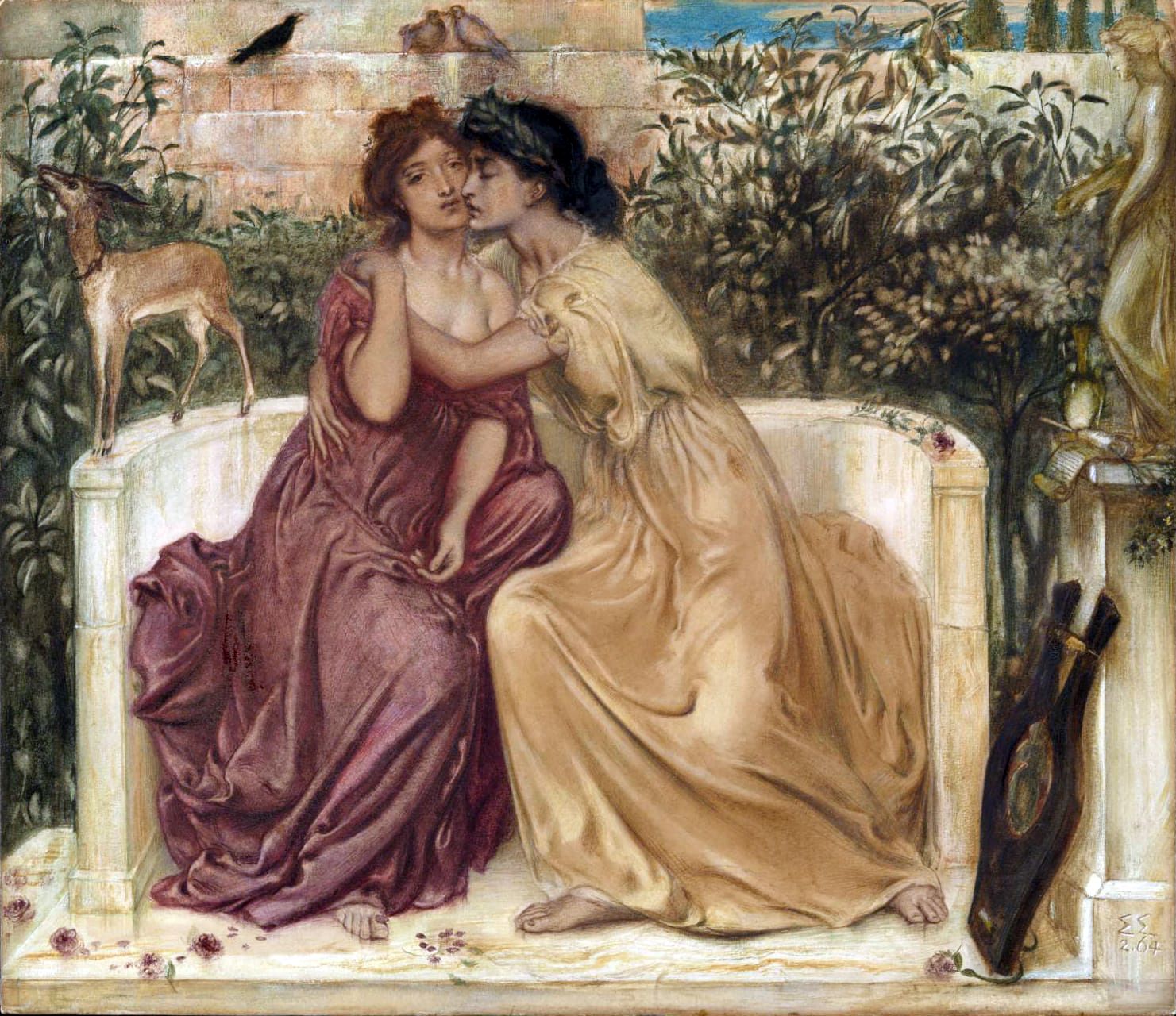 Two young women embracing.