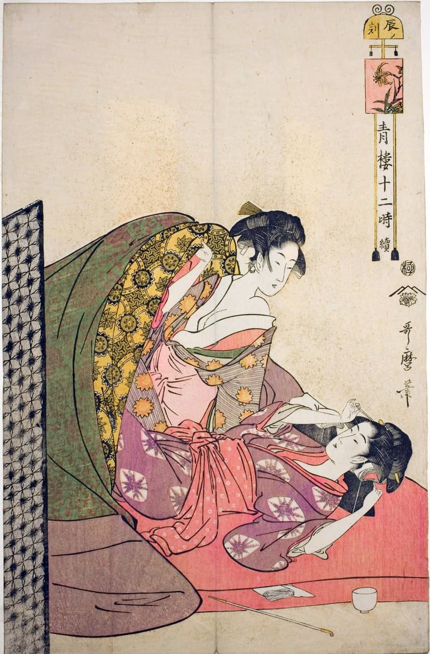Two Japanese women lying in bed. 