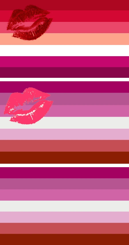 Three flags stacked vertically in reddish, pinkish , white and nude colors with lipstick stains.