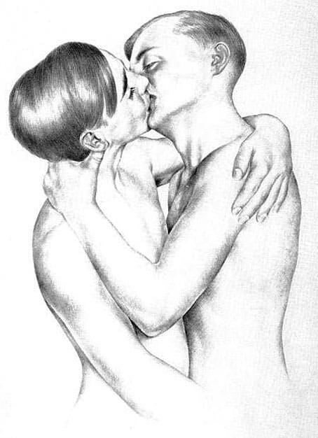 Two young men kissing.
