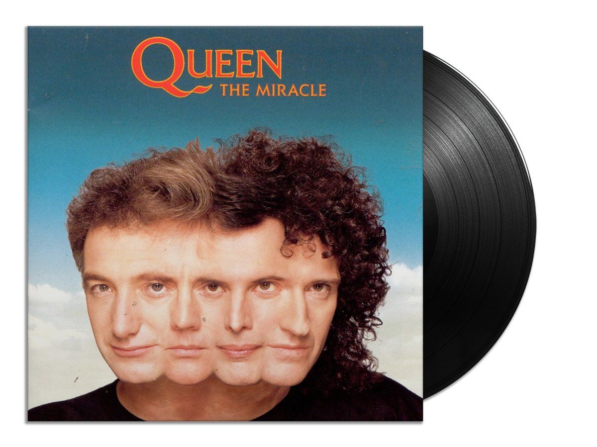 Montage of four merging heads on vinyl album cover