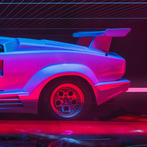 80s pink sports car on a dark grid background