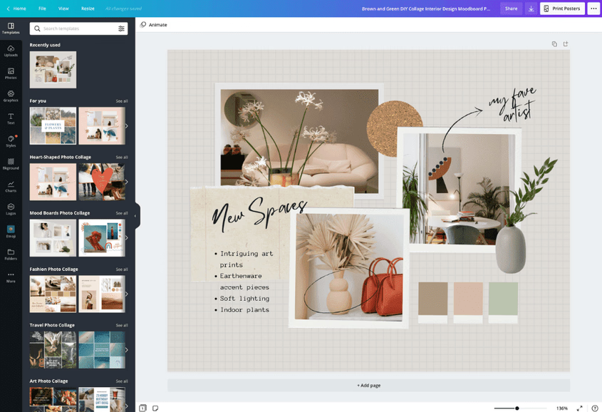 Canva interface with earth toned mood board