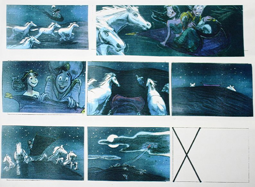 Storyboard images of a man and woman on a rug chased by white horses