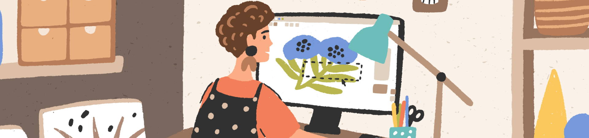 woman draw flower in computer
