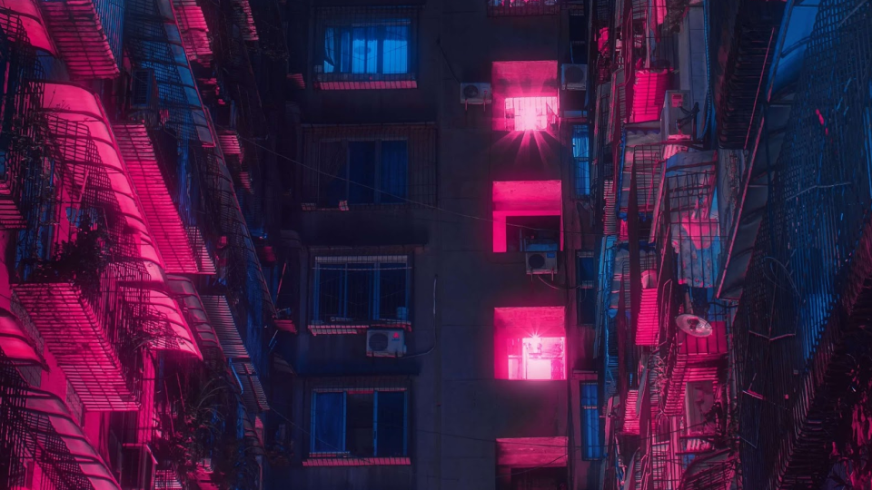 Neon-lit city street
