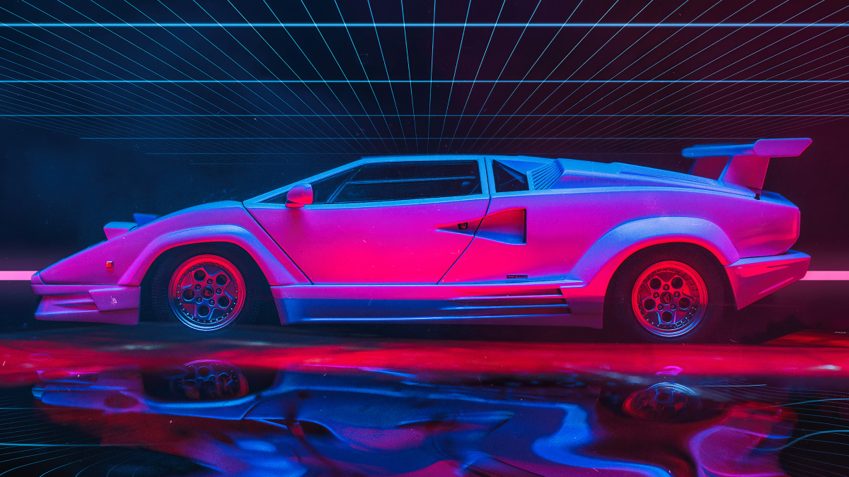 Neon pink sports car on a wet floor with a blue grid ceiling 