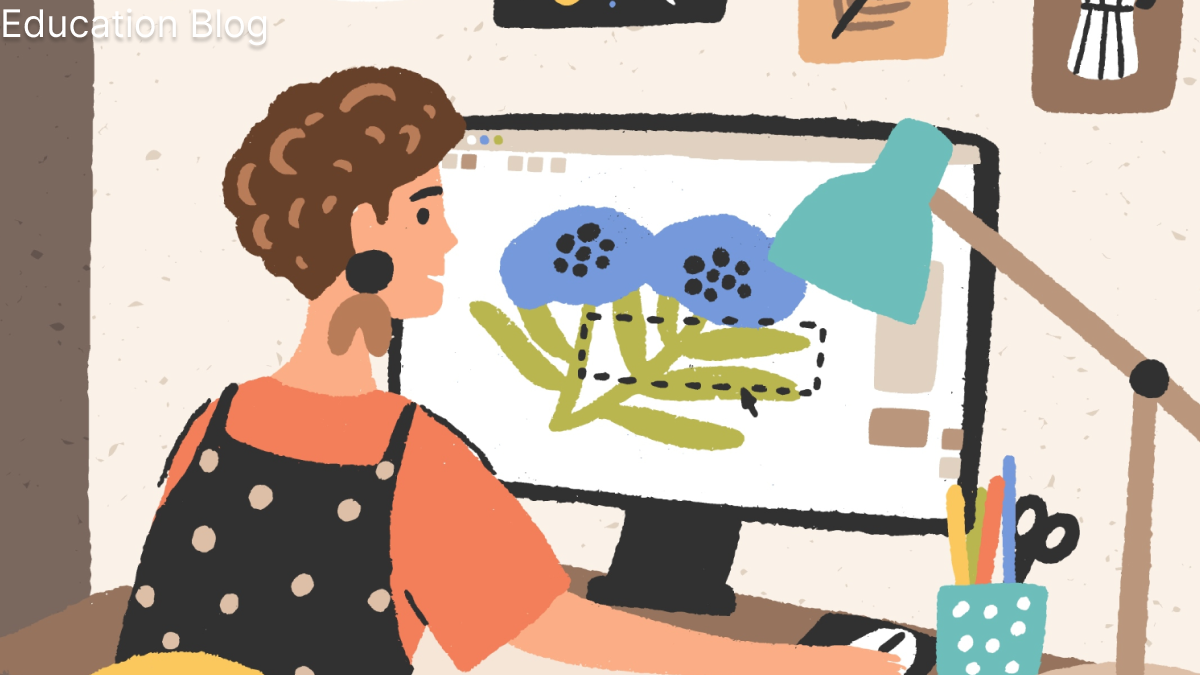 woman draw flower in computer