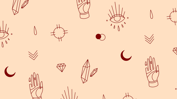 Minimalist patterns on a peach-colored background.